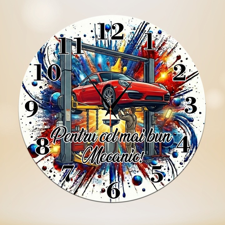 Ceas de perete decorativ, "Pentru cel mai bun Mecanic", MDF, mecanism silentios, diametru 35 cm, multicolor
