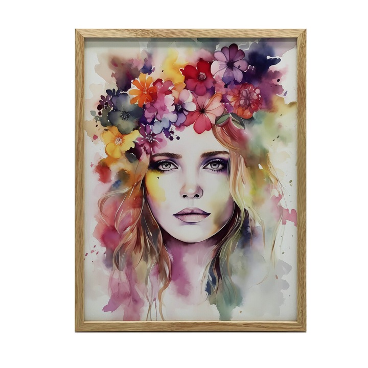 Tablou, Model Portret Femeie cu Ghirlanda, 40x50 cm, rama aluminiu negru