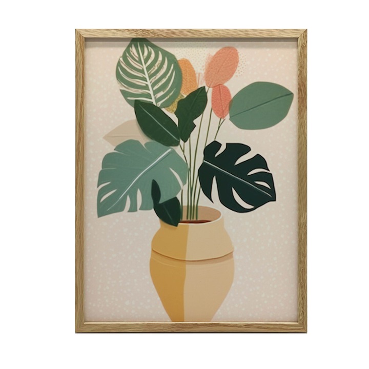 Tablou Plakat, plante in ghiveci, stil Boho, 70x100cm, roz, fara rama, hartie mata 230 gsm