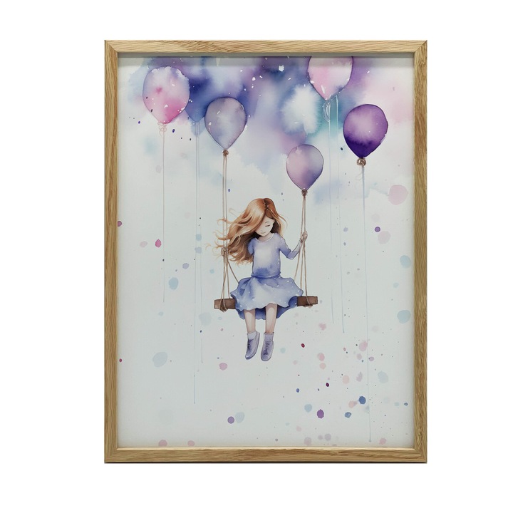 Tablou "Dziewczynka na Hustawce", 50x70 cm, rama din lemn, roz si violet