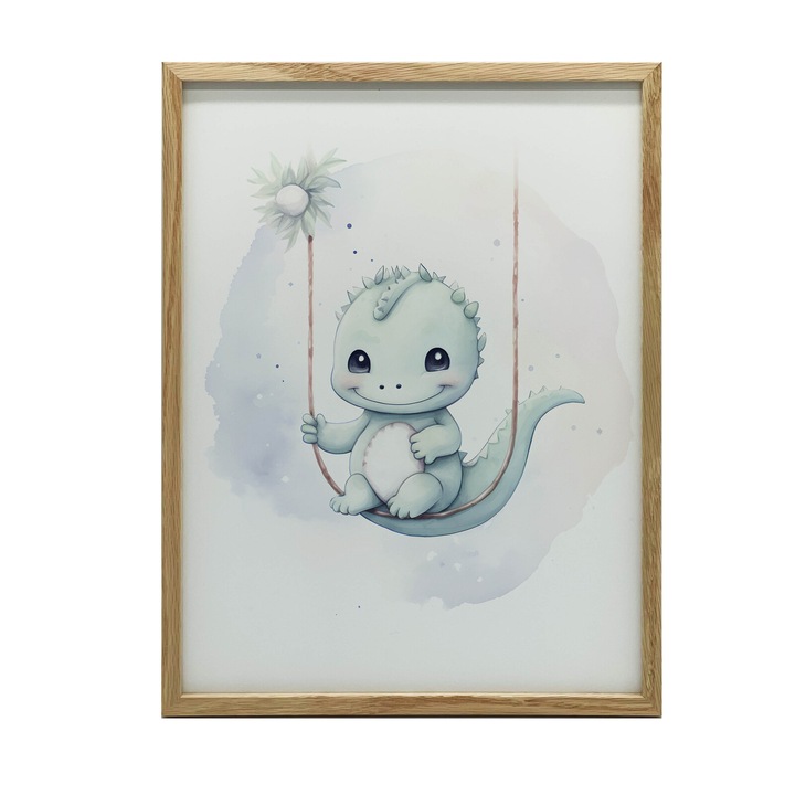 Plakat decorativ "Dinozaur na hustawce", 50x70 cm, rama din lemn, mat 230 gsm