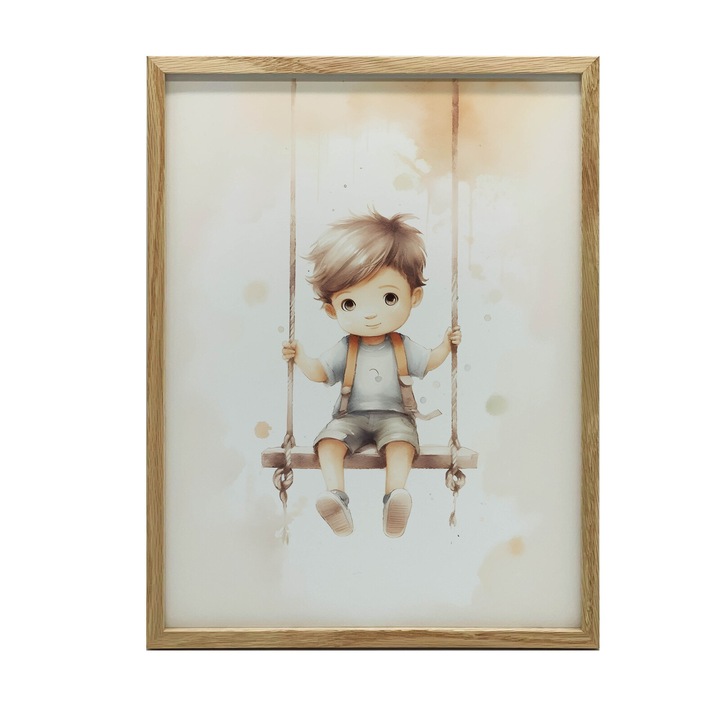 Картина "Момче на люлка", 50x70 см, дървена рамка, тъмнокафяв цвят, матова хартия 230 гр/кв.м