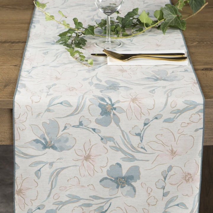 Bieznik decorativ INES, Eurofirany, 40x180cm, bej, albastru deschis, flori