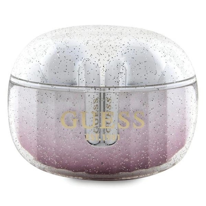 Casti Wireless Guess Glitter Gradient, roz, Bluetooth 5.3, IPX4, set cu statie de incarcare