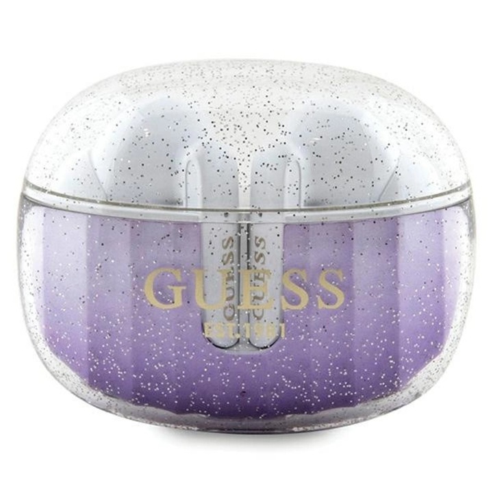 Casti Wireless Guess Glitter Gradient, Bluetooth 5.3, IPX4, violet, set cu statie de incarcare