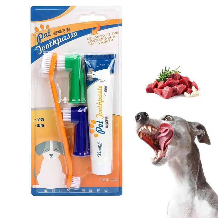 Szájápoló készlet macskáknak és kutyáknak, Fain Mioritic®, fogkrém + fogkefe + 2 ujjkefe, fogkő eltávolítására és szájhigiénia ápolására, marhahús ízű, 70g-os fogkrém