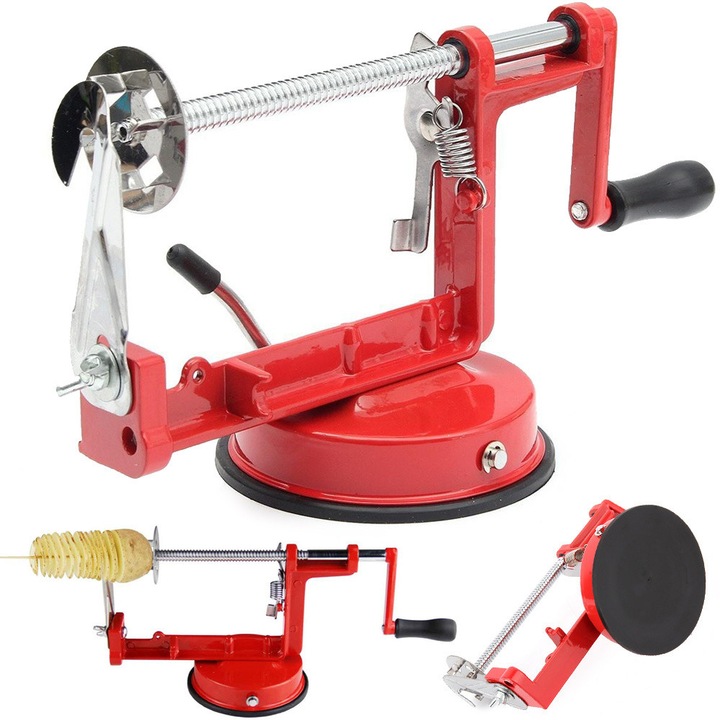 Aparat spirala cartofi manual, taietor chipsuri rasucite, otel inoxidabil, cu ventuza, pentru cartofi pe bat