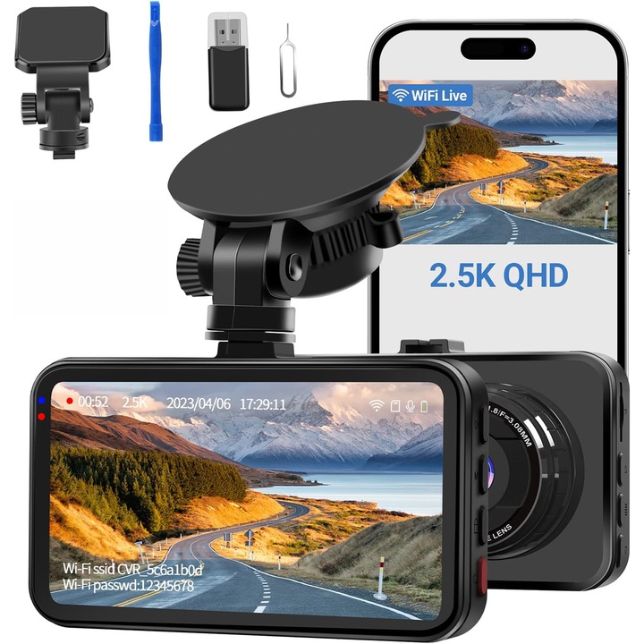 Camera Auto Technovici, Inregistrare Clara Zi si Noapte, Rezolutie QHD, Unghi Larg 170 grade, WiFi, Senzor G, Monitorizare Parcare