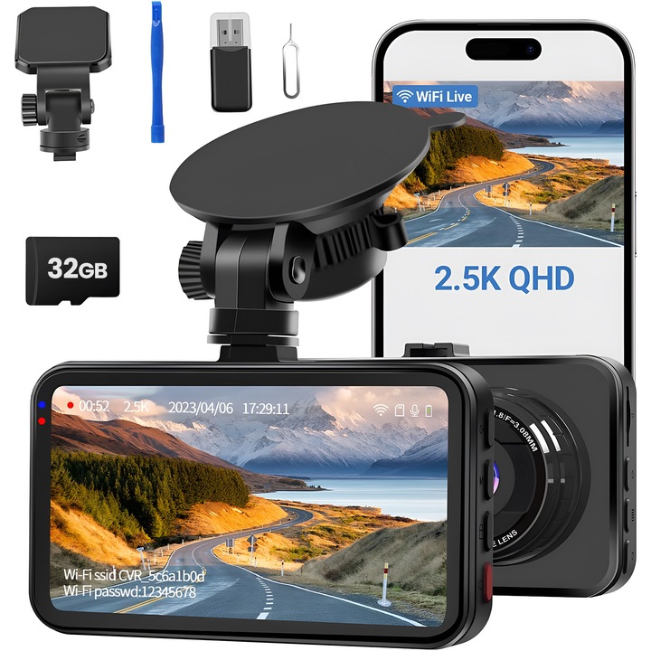 Camera Auto Technovici, Card 32GB inclus, Inregistrare Clara Zi si Noapte, Rezolutie QHD, Unghi Larg 170 grade, WiFi, Senzor G