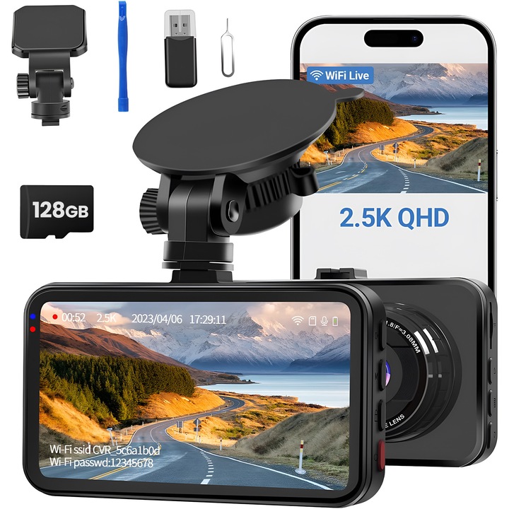 Camera Auto Technovici, Card 128GB inclus, Inregistrare Clara Zi si Noapte, Rezolutie QHD, Unghi Larg 170 grade, WiFi, Senzor G