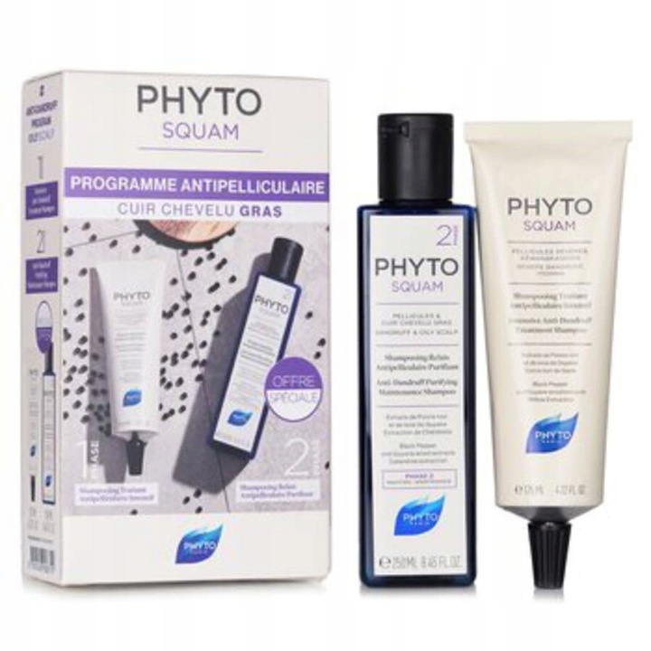 Set sampon, Phyto, Phyto Squam, 125ml si 250ml, toate culorile de par, curata scalpul in profunzime, reduce matreata, calmeaza iritatiile, indeparteaza excesul de sebum, setul contine 2 sampoane