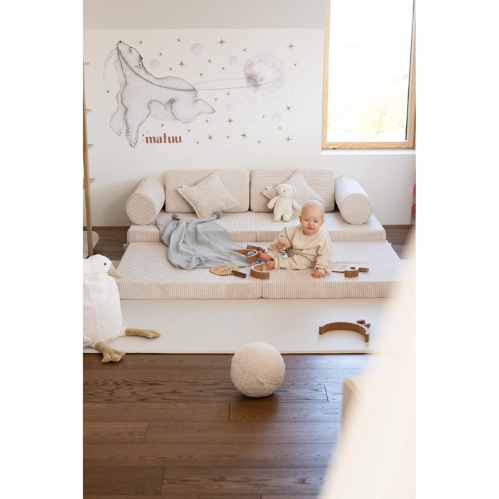 Sofa de joaca Mimii Montessori, multicolor, 2 mari, 2 mici, 2 triunghiuri, 2 cilindri, 2 perne, 83x83x17cm, 83x83x9cm, 32x32x59cm, fi21x68cm, 33x33cm