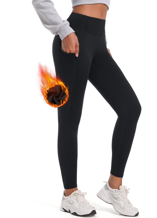 Colanti dama MOVE BEYOND, marimea XXL, talie inalta, captuseala fleece, buzunare laterale, material elastic 4-way stretch, termici, pentru sport, iarna, fitness, yoga, culoare negru