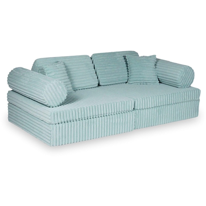 Sofa de joaca Montessori Mimii, multicolor, 2 mari saltele 83x83x17cm, 2 mici saltele 83x83x9cm, 2 triunghiuri 32x32x59cm, 2 cilindri medii fi21x68cm, 2 perne mici 33x33cm