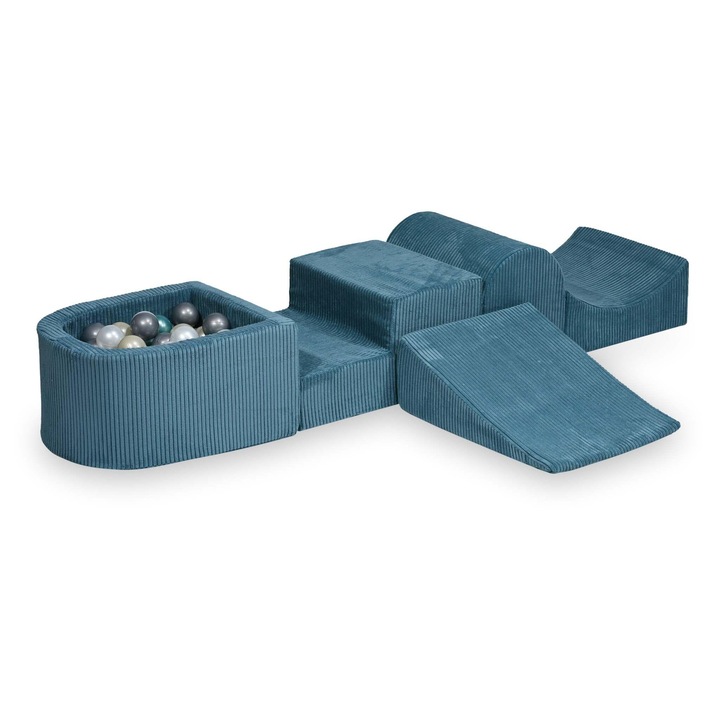 Set loc de joaca din spuma cu tobogan si piscina micro, Mimii, albastru, 100 bile multicolore