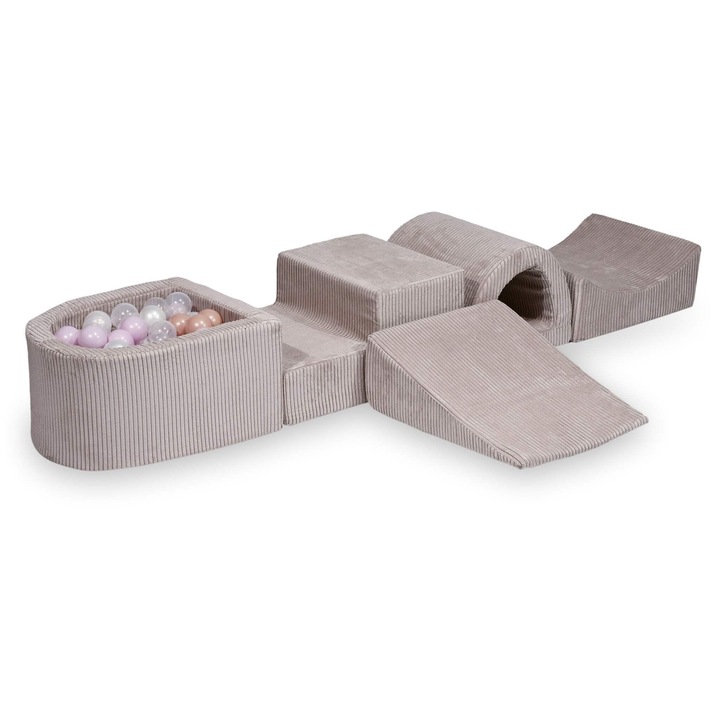 Set loc de joaca din spuma Mimii, cu pod si bazin micro, roz deschis, 100 bile colorate