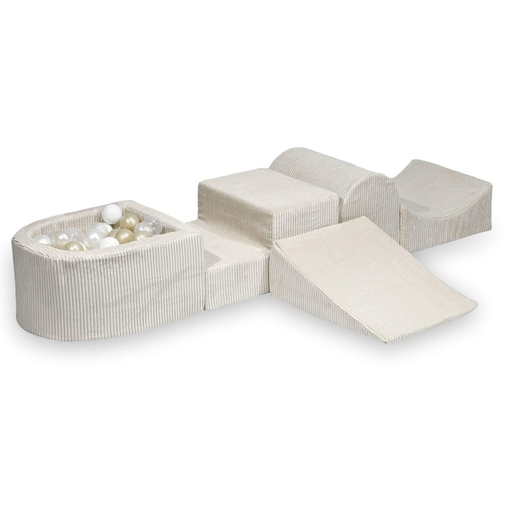 Set loc de joaca din spuma Mimii, cu tobogan si piscina micro, 100 bile colorate, bej, 45x60x30cm