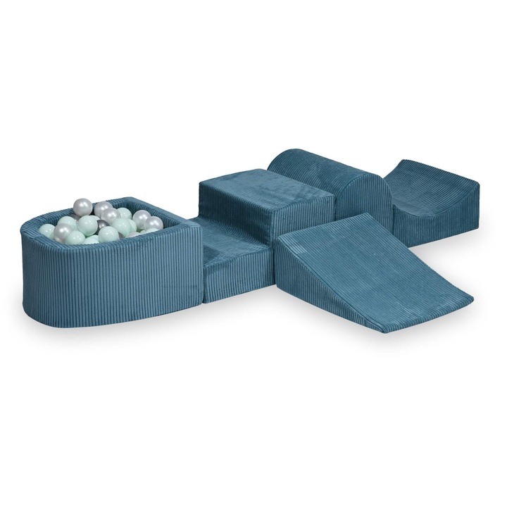 Set loc de joaca din spuma Mimii, cu tobogan si piscina micro, albastru, 100 bile colorate