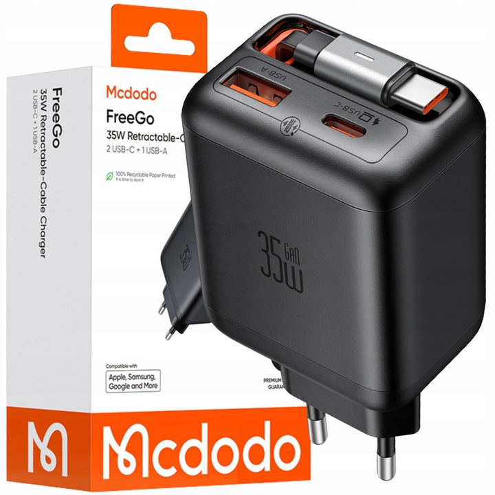 Incarcator rapid Mcdodo FreeGo 35W, 3 porturi, cablu integrat, negru, compact