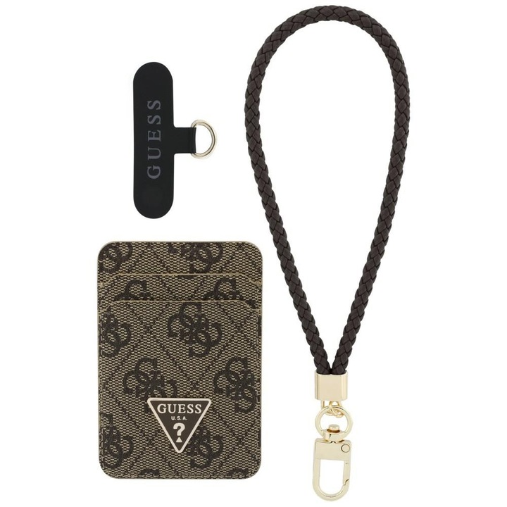 Комплект магнитен портфейл и връзка за телефон Guess Triangle, съвместим с MagSafe, кафяв