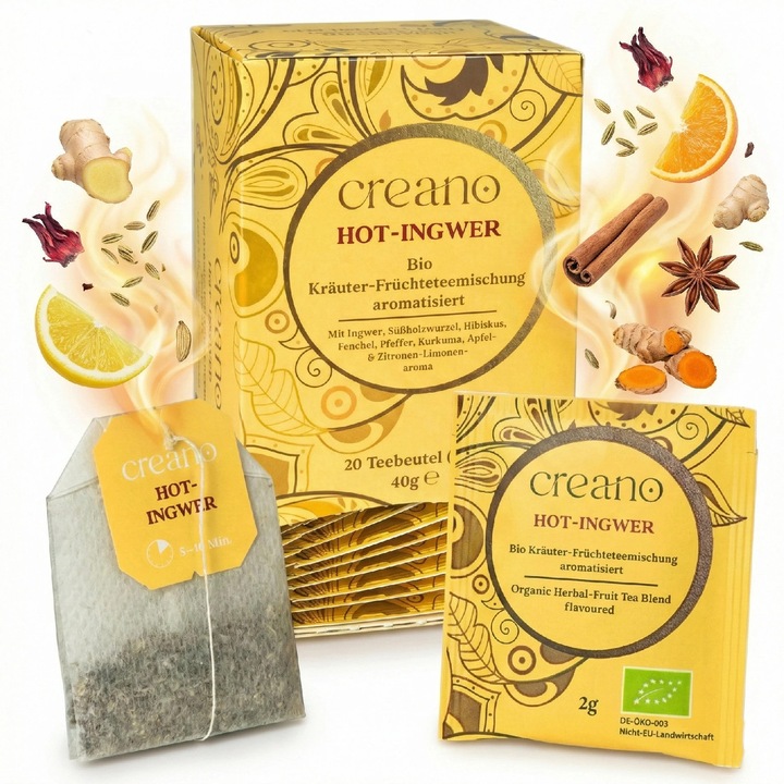 Ceai Bio Creano Ghimbir Picant, 20 plicuri, plante si fructe, gust condimentat-fructat