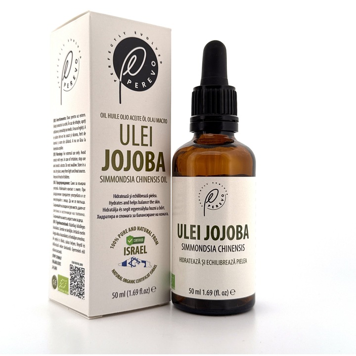 Perevo BIO Jojoba kozmetikai olaj 50ml, 100% tisztaságú, faggyúkiegyenlítő, nem komedogén, üveg