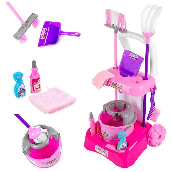 Комплект за почистване за деца KinderSafe, количка с аксесоари, розов, 8 елемента