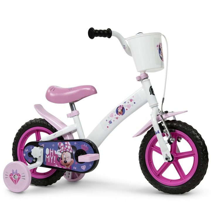 Bicicleta copii Huffy Disney MINNIE 12", alb/roz, cu roti ajutatoare