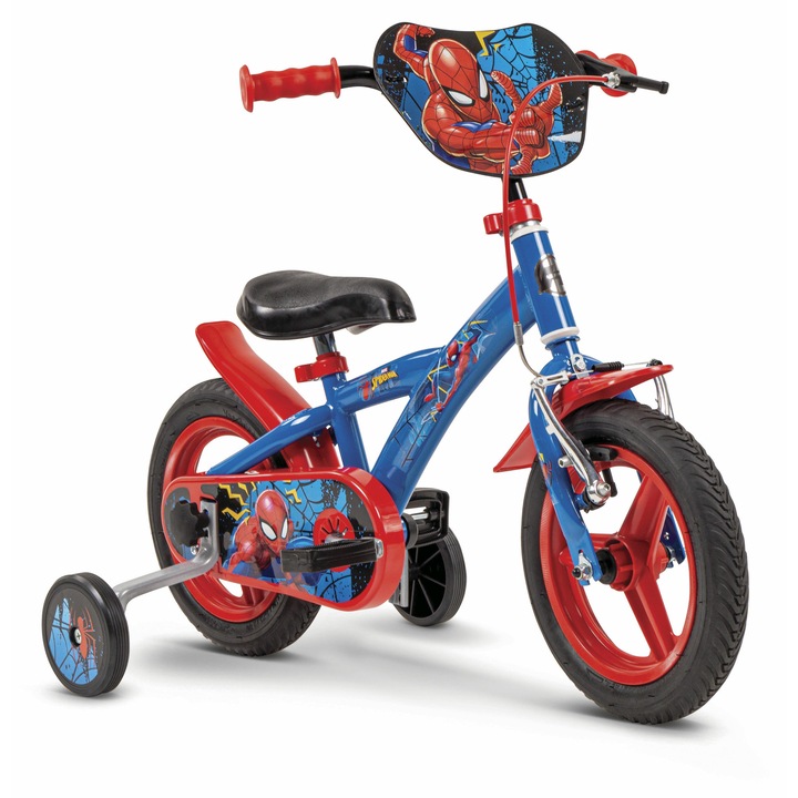 Bicicleta copii, Huffy, Spiderman, 12 inch, rosu-albastru, cu roti ajutatoare