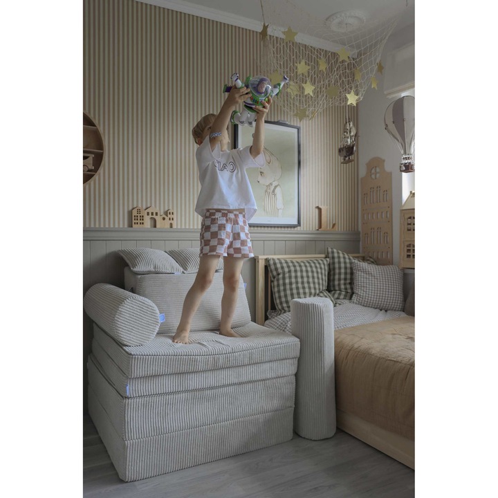 Sofa de joaca Montessori, Mimii, confort, gri, set 2 mari, 2 mici, 2 triunghiuri, 2 cilindri, 2 perne