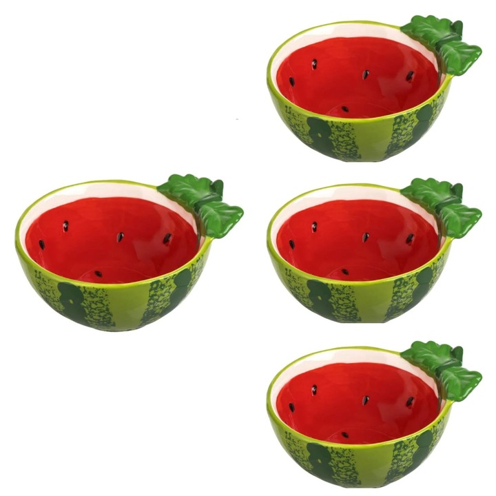 Set 4 boluri ceramice cu model pepene, verde/rosu, 300ml, 15x12.5x6cm