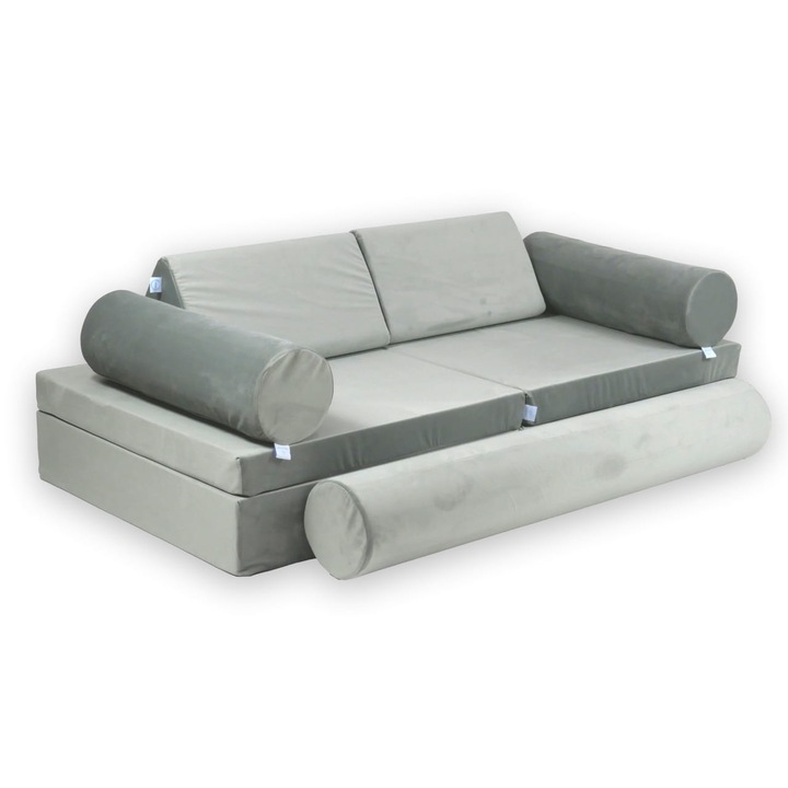 Sofa de joaca Mimii Montessori Premium Velvet, gri, set 6 piese, dimensiuni variate