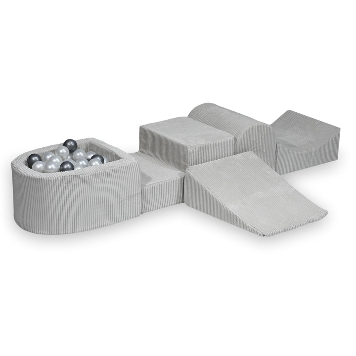 Set spatiu de joaca Mimii, piankowy cu tobogan, 100 bile, gri, 45x60x30cm