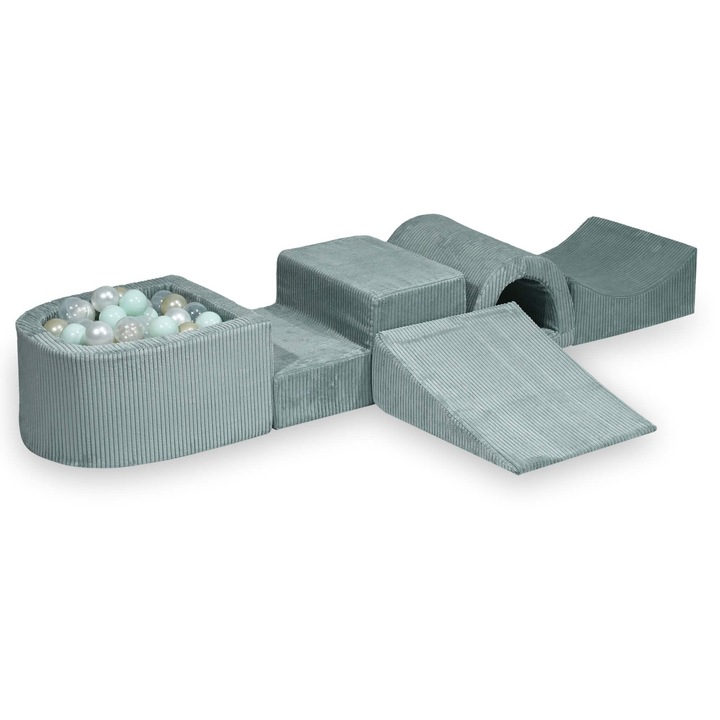 Set loc de joaca din spuma Mimii, cu pod si piscina micro, 100 bile colorate, menta deschisa, 45x60x30cm