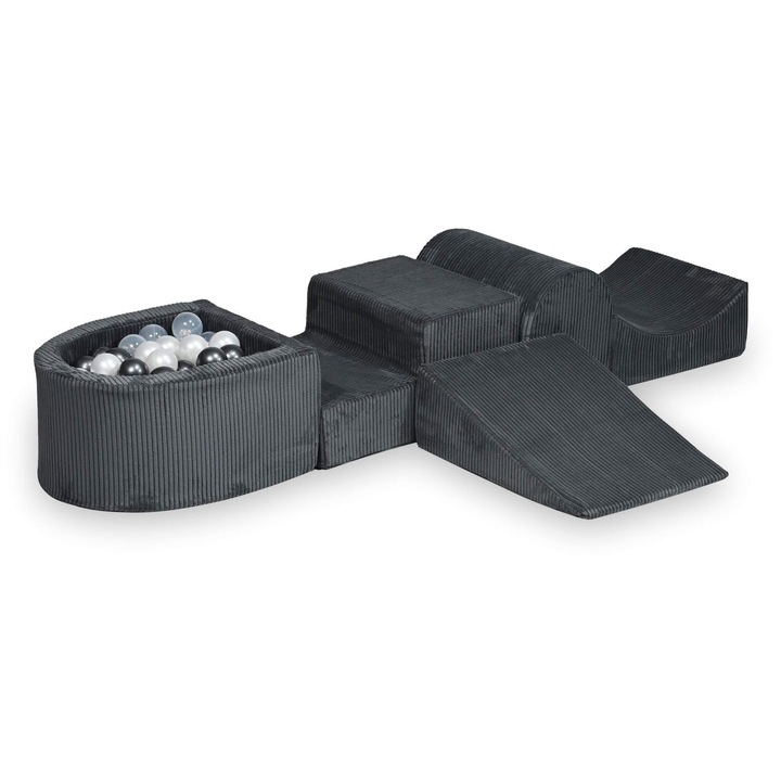 Set spatiu de joaca Mimii, piankowy cu tobogan, 100 bile, grafit, 45x60x30cm