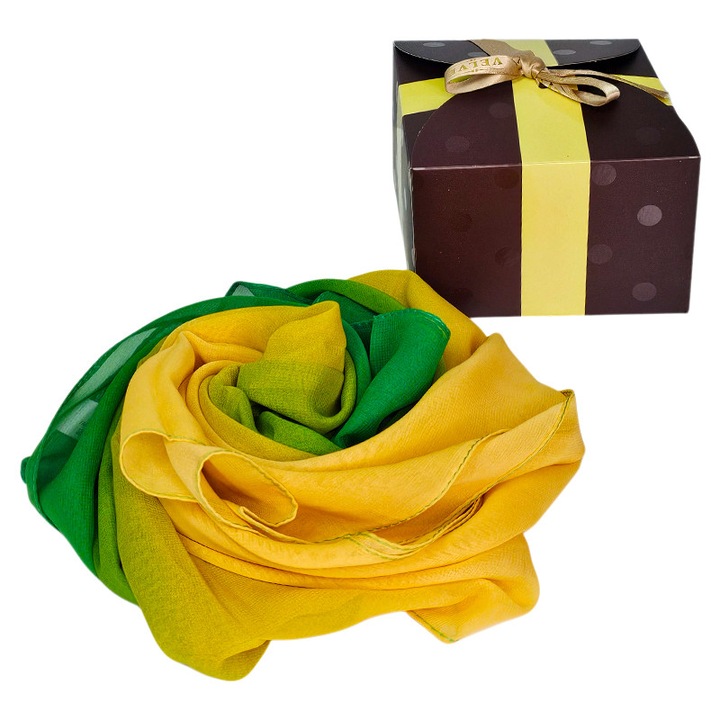 Esarfa satinata de dama, in cutie cadou, galben verde degrade, 163x50 cm, Velve