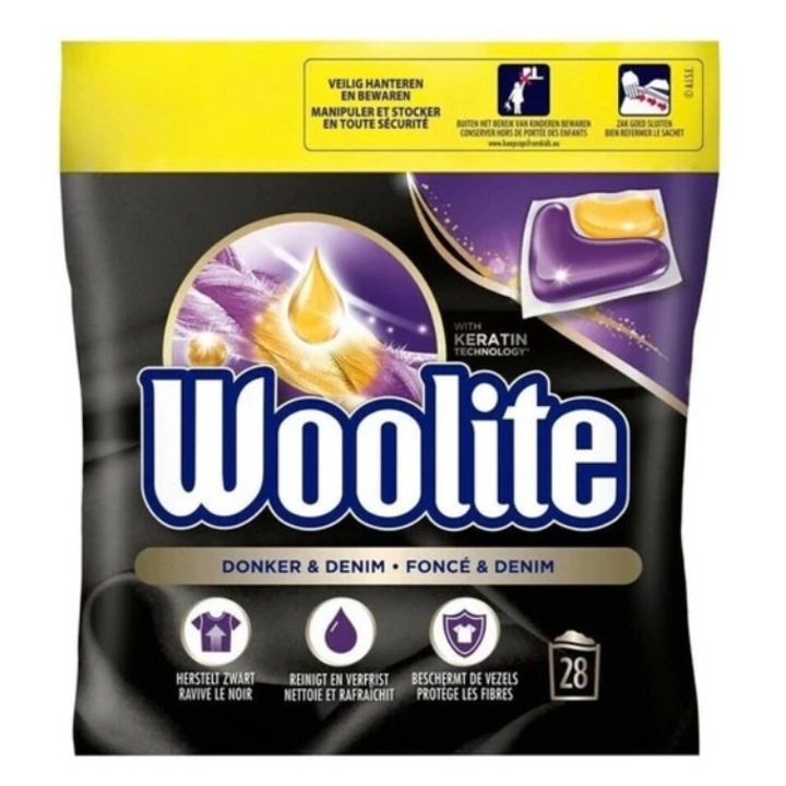Detergent Capsule de spălare Woolite, set 28 buc, pentru rufe negre și culori închise, cu keratină