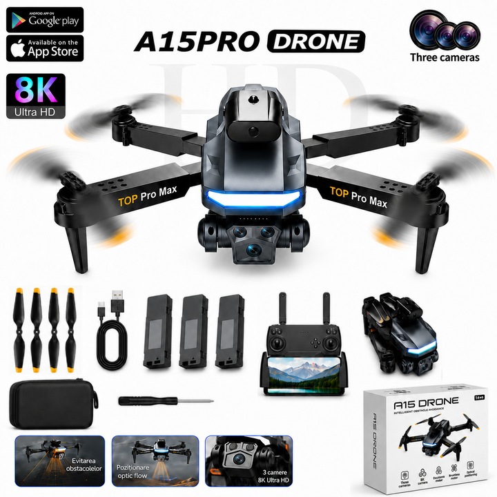 Дрон AjieQaQ A15 Pro, 8K Ultra HD квадрокоптер, 3 камери, Безчетков мотор, GPS, Дистанционно управление с дисплей, 360° лазер против сблъсък, Избягване на препятствия, Траектория на полета, Сензор за гравитация, Оптичен поток