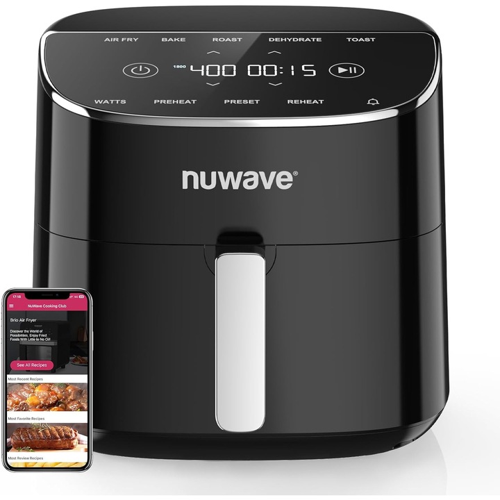 Nuwave Brio Plus Air Fryer 8L, Coating Ceramic PFAS-Free, 7 Functii Digitale One-Touch, Fript, Copt, Prajit, Deshidratat, 700–1800W