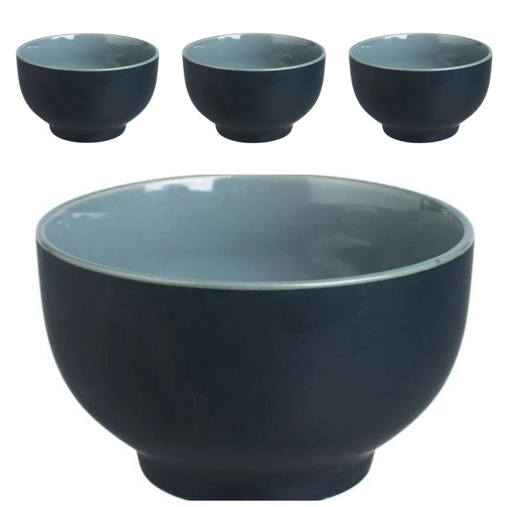 Set 4 boluri ceramice, antracit mat/gri, lucios, 600ml, 14x8.5cm