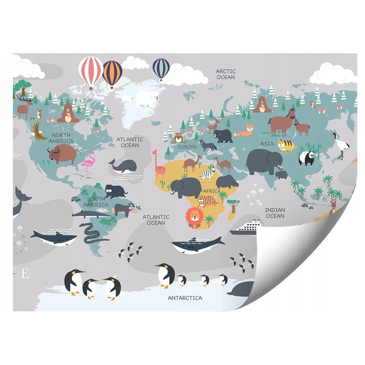 Fototapeta mapa a lumii cu animale, 150x105cm, montaj usor, culori vii, set cu adeziv si instructiuni