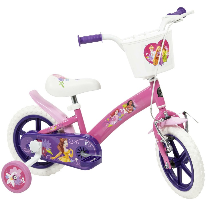 Bicicleta copii Huffy Disney Princess 12 inch, roz, cu roti ajutatoare, pentru varsta 3-5 ani