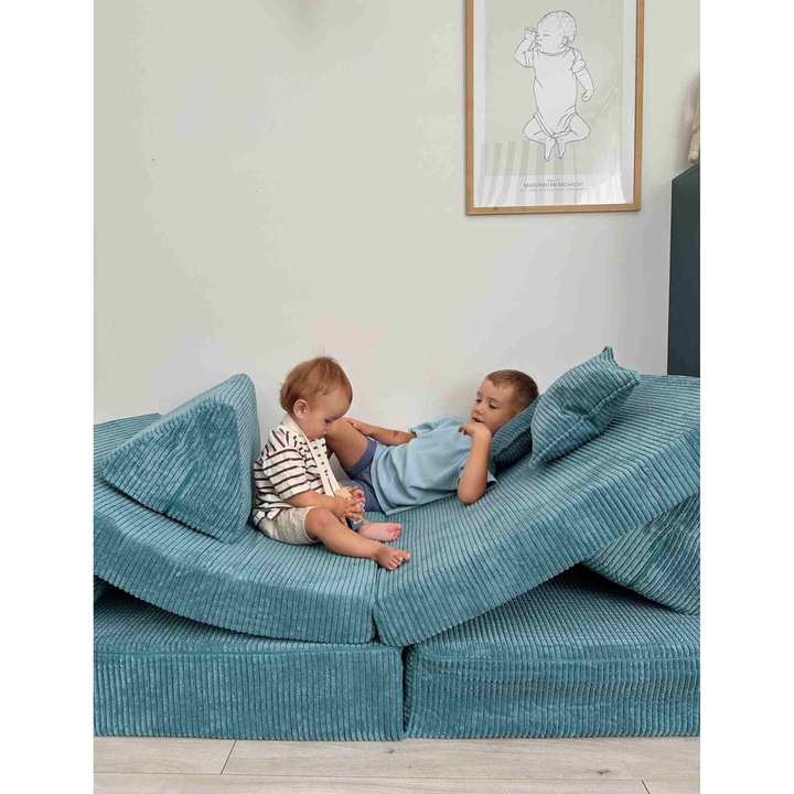Sofa de joaca Montessori, Mimii, confort, albastru, set 2 mari, 2 mici, 2 triunghiuri, 2 cilindri, 2 perne