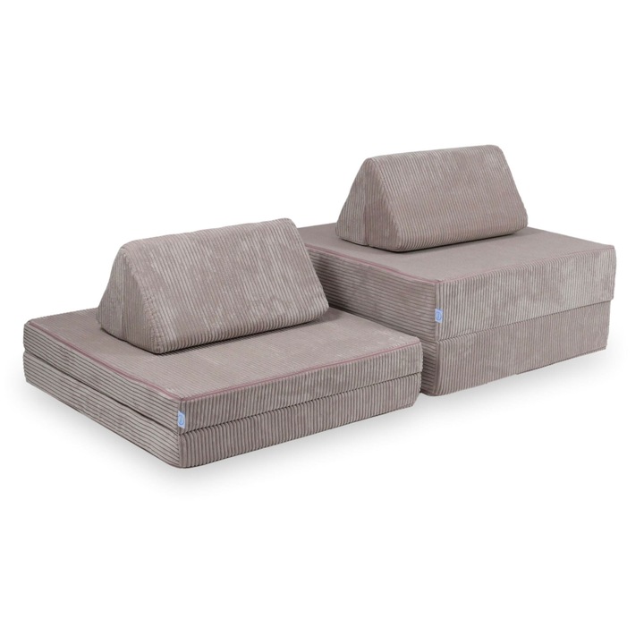 Sofa de joaca Montessori, Mimii, 2 mari perne, 2 mici perne, 2 triunghiuri, roz, 83x83x17cm, 83x83x9cm, 32x32x59cm