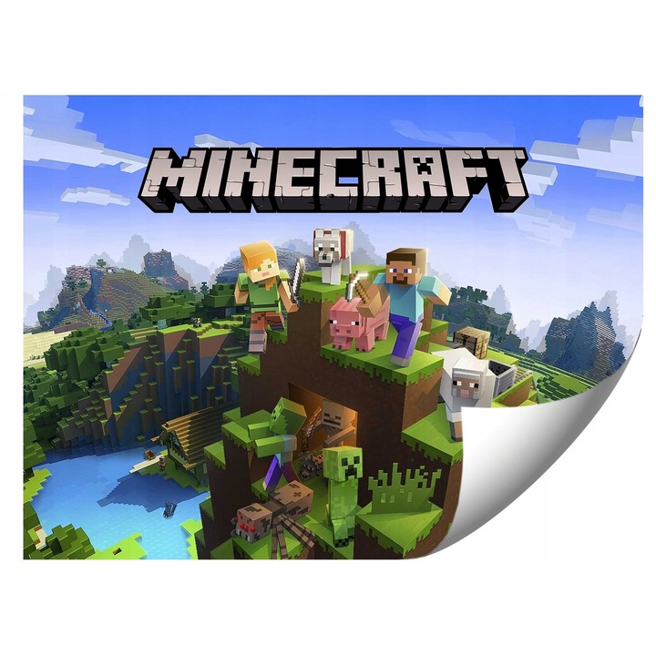 Gyerekszobai fotótapéta Minecraft 368x254cm, élénk színek, egyszerű felszerelés, szett útmutatóval és ingyenes ragasztóval
