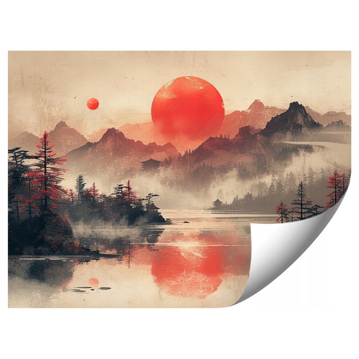 Fotótapéta vintage flíz alapon, japán táj köddel, 294x260cm, egyszerű felszerelés