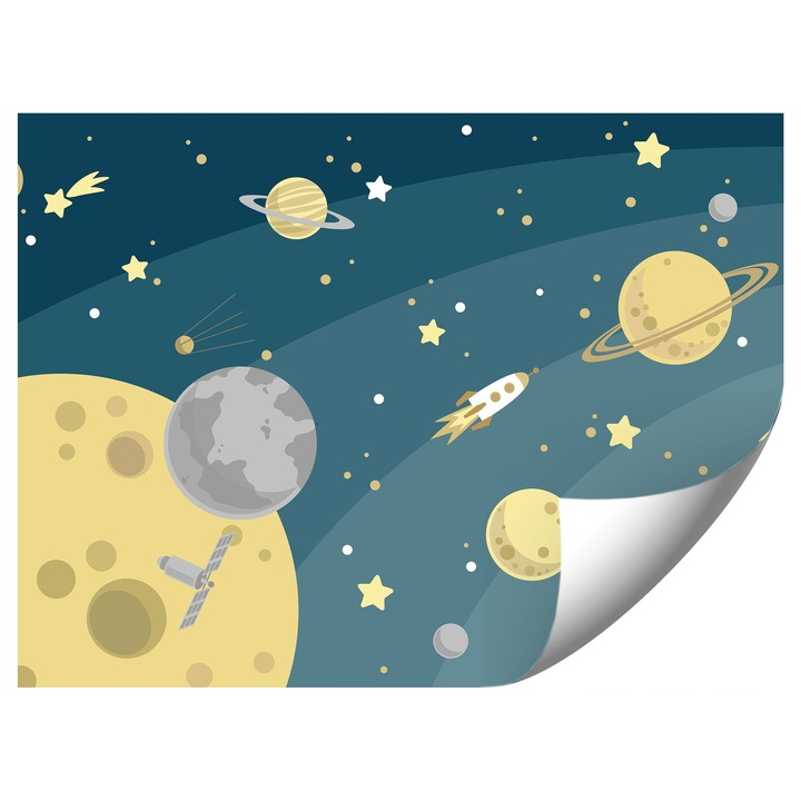 Gyerektapéta, Kozmosz, rakéta, hold, 400x280cm, élénk színek, könnyű felszerelés