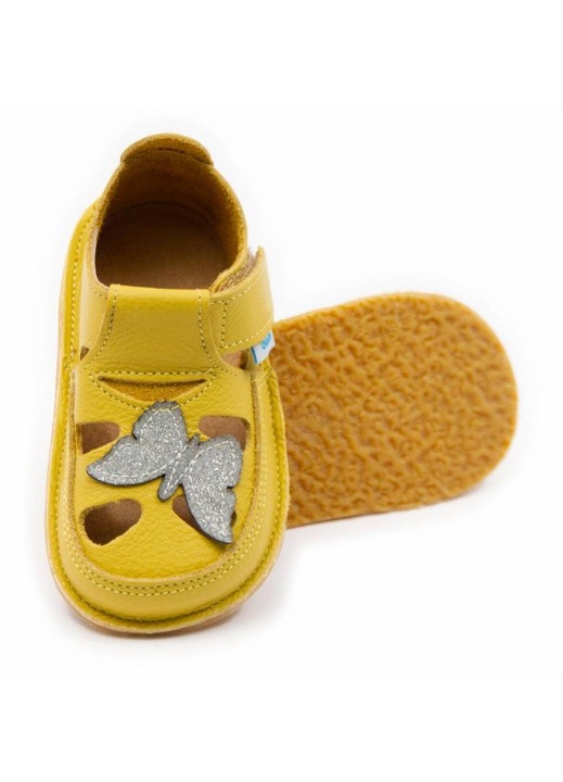Детски боси сандали Dodo Shoes Sparkling Butterfly, жълти, от естествена кожа с гъвкава подметка за първи стъпки, Жълт