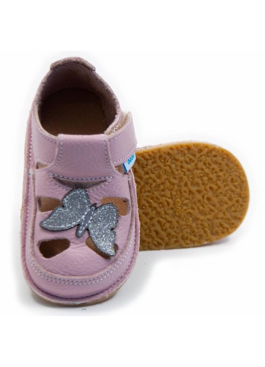 Детски боси сандали Dodo Shoes Sparkling Butterfly, цвят Cameo от естествена кожа с гъвкава подметка за първите стъпки, Cameo