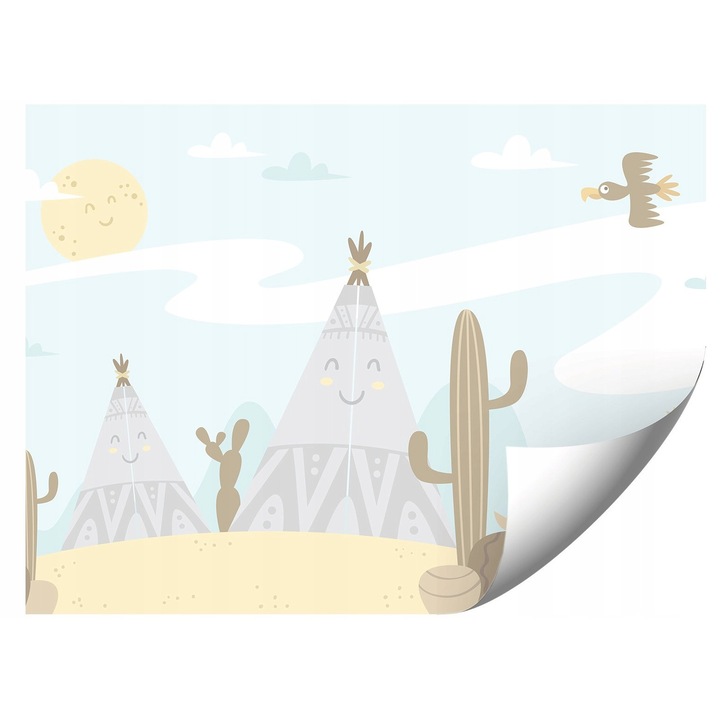 Fototapeta de perete, 300x210cm, design de desert si cactusi, montaj usor, culori rezistente la UV, set complet cu adeziv si instructiuni.